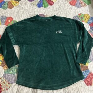 Victorias Secret PINK Varsity green Velour Sweatshirt Crew Neck Spirit Jersey